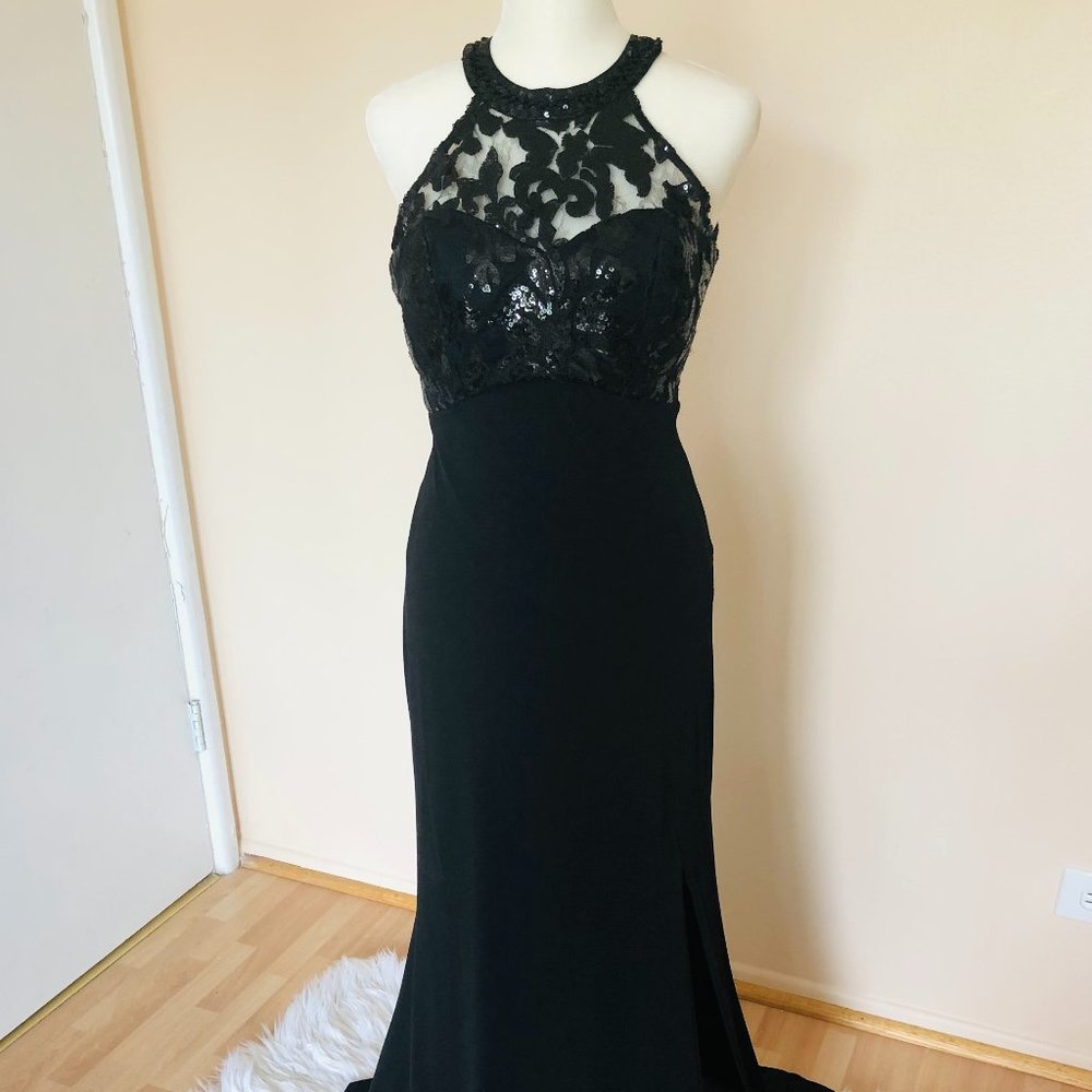 Sequin Hearts - Black Sequin Halter Gown View 3